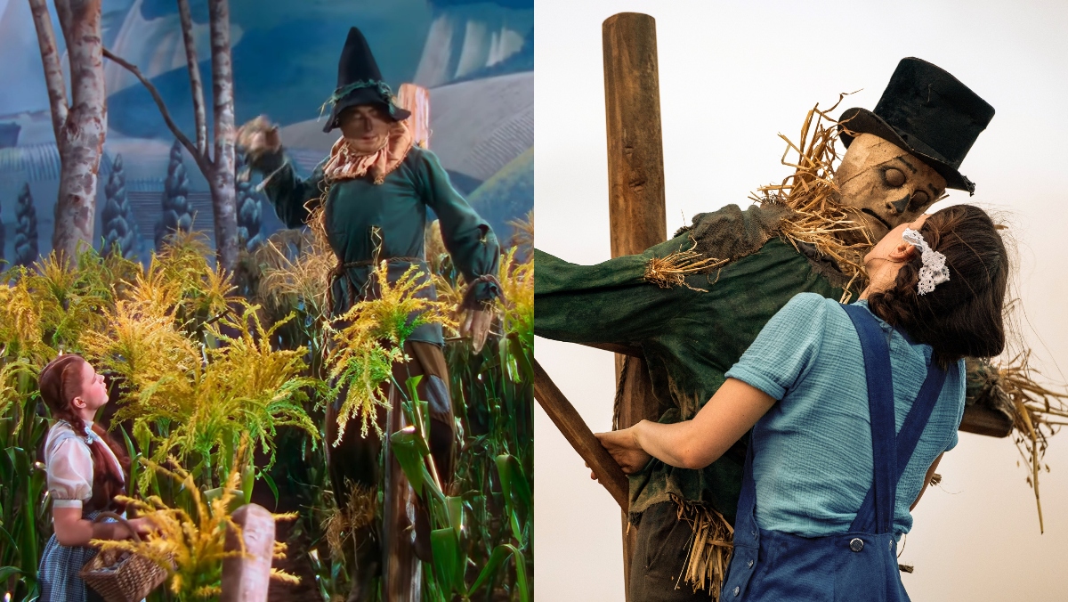 side by side photo of Pearl hugging a scarecrow and wizard of oz dorothy gale being near scarecrow 