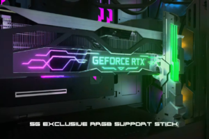 An RGB support stick holding up a new RTX 4090 GPU