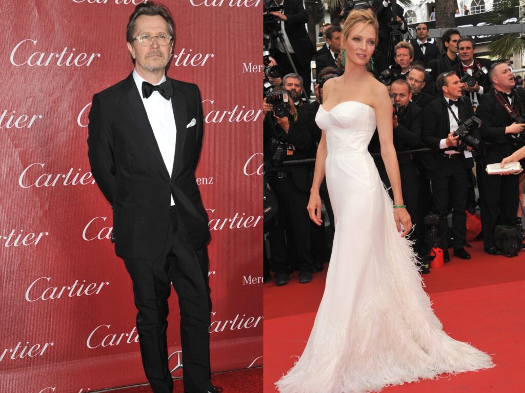 (L): Gary Oldman in black suit and bow tie 
(R): Uma Thurman on red carpet in white gown
