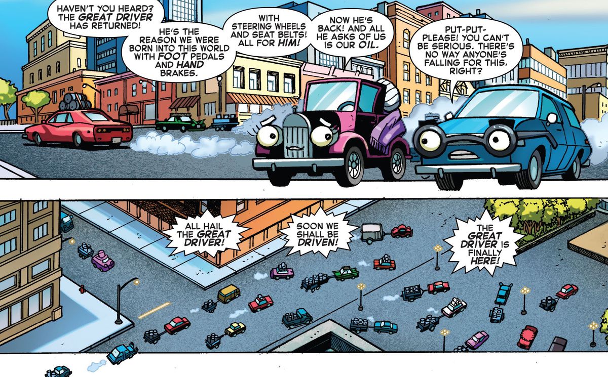 Aunt-T tells Peter Parkedcar that the Great Driver has returned. “He’s the reason we were born into this world with foot pedals and hand brakes.” Peter is skeptical. Also they are both anthropomorphic cars. From Edge of Spider-Verse #4 (2022).