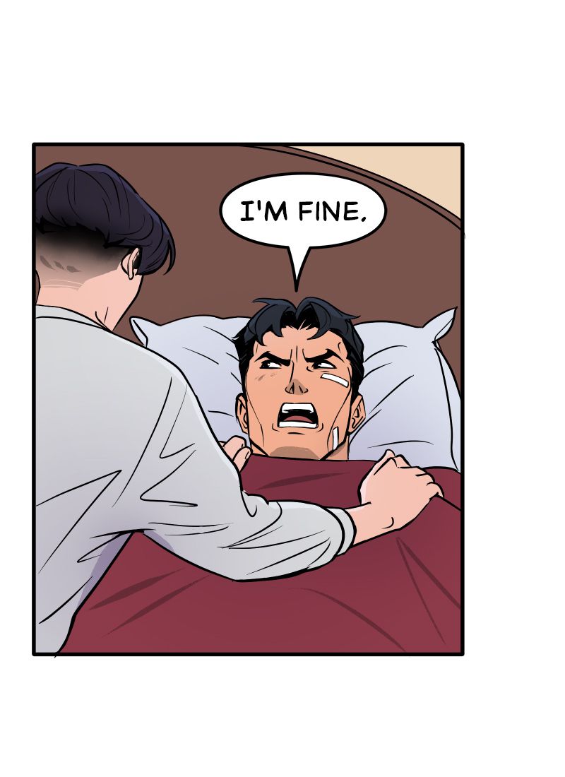 A teen member of the Bat-family tucks a bandaged Batman into bed. “I’m fine,” insists Batman angrily as the covers are pulled up to his chin, in Batman: Wayne Family Adventures.