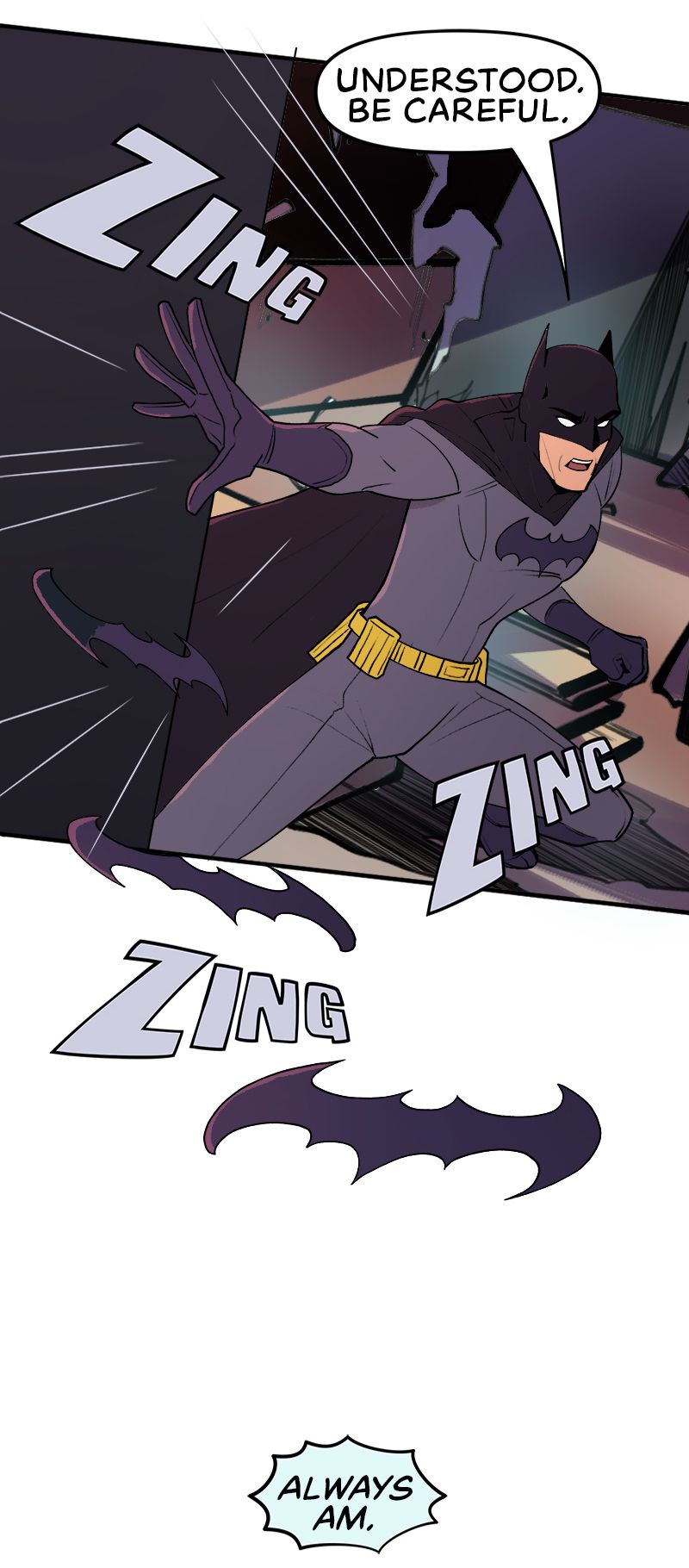Batman tells Robin to be careful as he throws batarangs. “Always am,” he replies in Batman: Wayne Family Adventures.