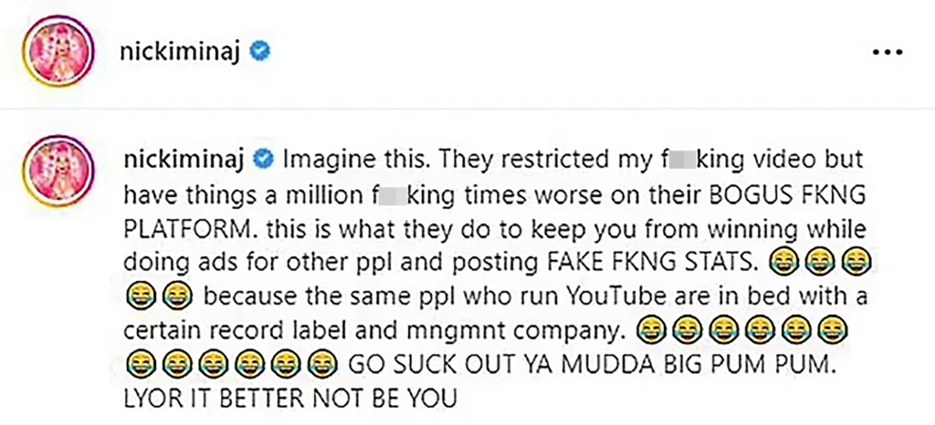 Nicki Minaj fired off at YouTube on Monday afternoon after the platform age-restricted her “Likkle Miss Remix” music video with dancehall artist Skeng, alleging that the company is “in bed” with rival artists’ camps.
