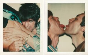 Andy Warhol’s photographs of Keith Richards (left) and Mick Jagger and Charlie Watts (right), at the 1977 photo shoot for the Rolling Stones Love You Live album cover in New York.