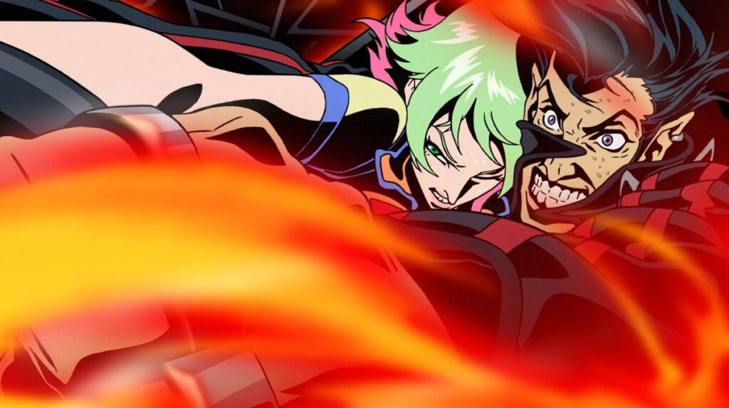 An anime character in a leather jacket clenching his teeth with a green-haired girl by his side as he clutches the steering wheel of a car with flames pouring over the windshield.