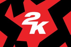 2K Games logo in white and red surrounded by a pattern of angular black bars