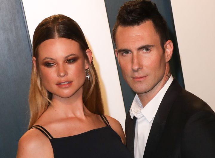 Behati Prinsloo and Adam Levine attend the 2020 Vanity Fair Oscar Party together.