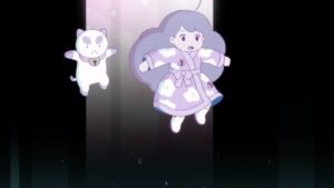 bee and puppycat in a black void illuminated by one single light