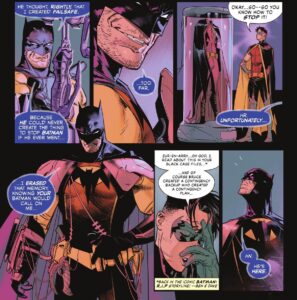 The Batman of Zur-En-Arrh explains that he created Failsafe and that Batman has brought him out in order to turn Failsafe off. Tim Drake/Robin absorbs this with exhaustion. “Of course Bruce created a contingency backup who created a contingency plan...” in Batman #126 (2022).