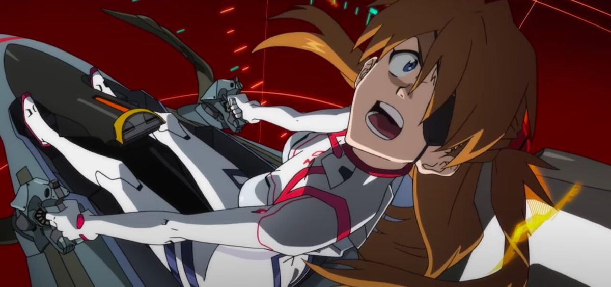 A distorted, eyepatch-wearing Asuka screams in Evangelion 1.0+3.0: Thrice Upon a Time