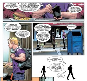 Hawkeye and the Progenitor Celestial (in the form of Black Widow) chat about his judgement as he pays for his diner burger. “How about this,” says the Celestial, “whether your life brings as much joy and meaning to the universe as that blue metal box, pointing at a USPS mailbox, in Avengers #60 (2022).