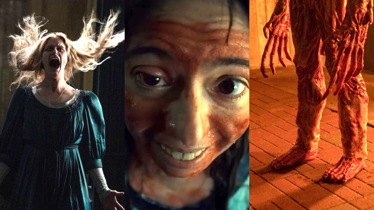 split image of a woman screaming, close of up of a bleeding woman, and monster feet cabinet of curiosities trailer