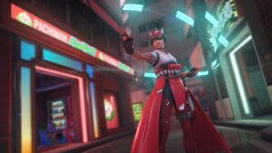 Screenshot from Overwatch 2 featuring Kiriko, a Japanese shrine maiden / ninja dressed in a stylized red and white battle gi wielding magical, healing ofuda and throwing knives
