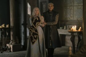 Rhaenyra and Leanor stand with their newborn son Joffrey in House of the Dragon