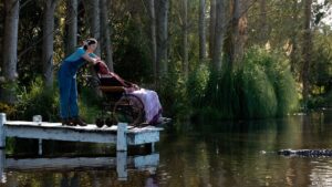 Mia Goth as Pearl pushes her father’s wheelchair out to the end of a pier overlooking an alligator-infested pond in Ti West’s Pearl