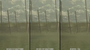Image showing three cropped-in frames of a fishing net. The two on the left, done by Nvidia’s DLSS and Intel’s XeSS in their quality modes, show individual strands on the net. The native game on the right has parts of the net missing.
