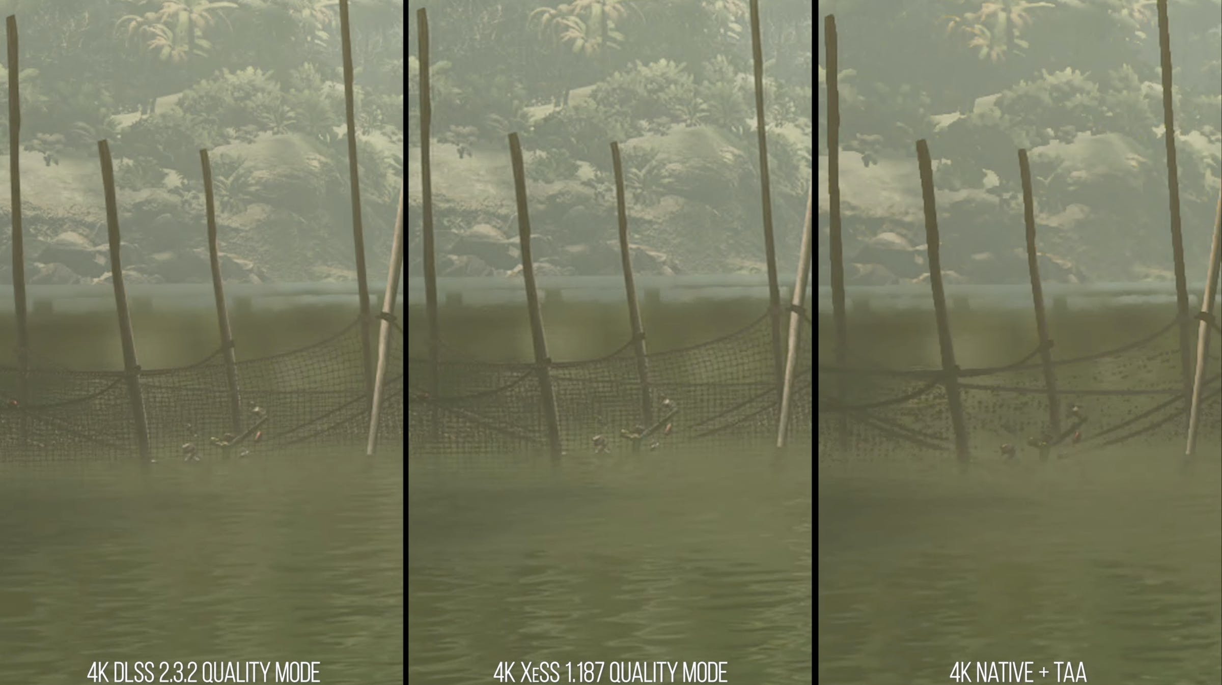 Image showing three cropped-in frames of a fishing net. The two on the left, done by Nvidia’s DLSS and Intel’s XeSS in their quality modes, show individual strands on the net. The native game on the right has parts of the net missing.