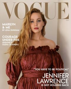 Actor Jennifer Lawrence in a Dior top, skirt and belt for Vogue's October issue.