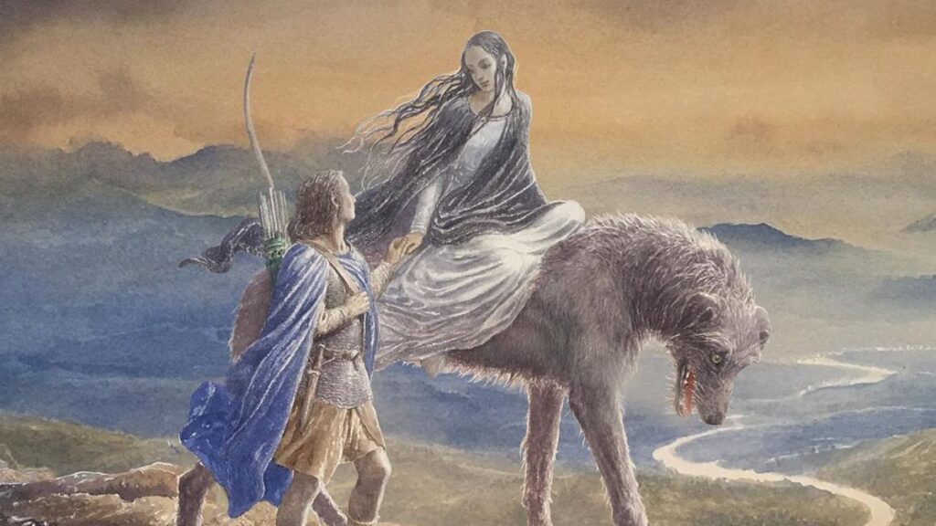 A crop of the cover for Beren And Lúthien, finding the two riding on a horse and holding hands