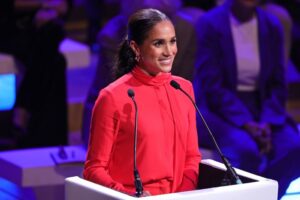 The Duchess of Sussex delivers a keynote speech at the One Young World Summit in Manchester, England, on Monday, Sept. 5.