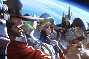 Promotional image from Overwatch featuring seven of the game’s heroes standing in profile backlit by the glow of the Earth