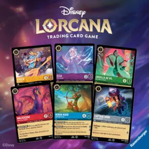The first six Lorcana cards, featuring Stitch, Elsa, Curella De Vil, Meleficent as a dragon, Robin Hood, and Captain Hook.