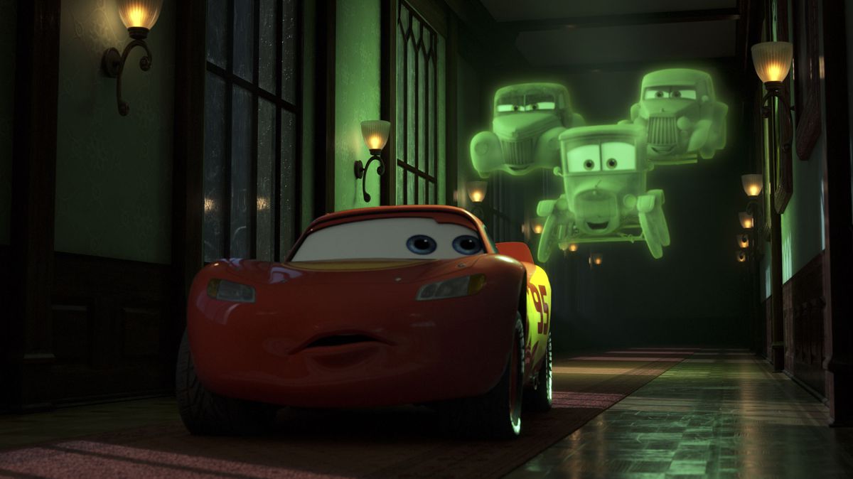 lightning mcqueen chased by three green glowing ghosts in a dark hotel hallway