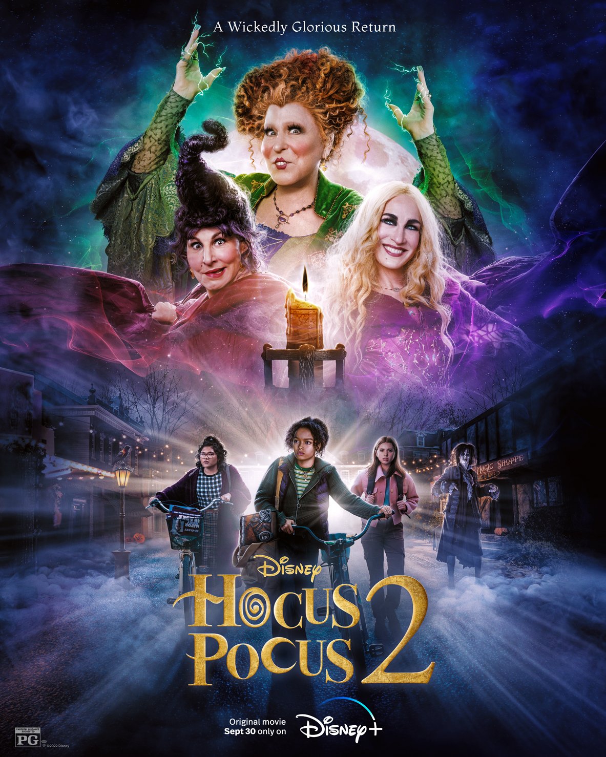 The Sanderson sisters in the background of new teens in danger in the Hocus Pocus 2 poster