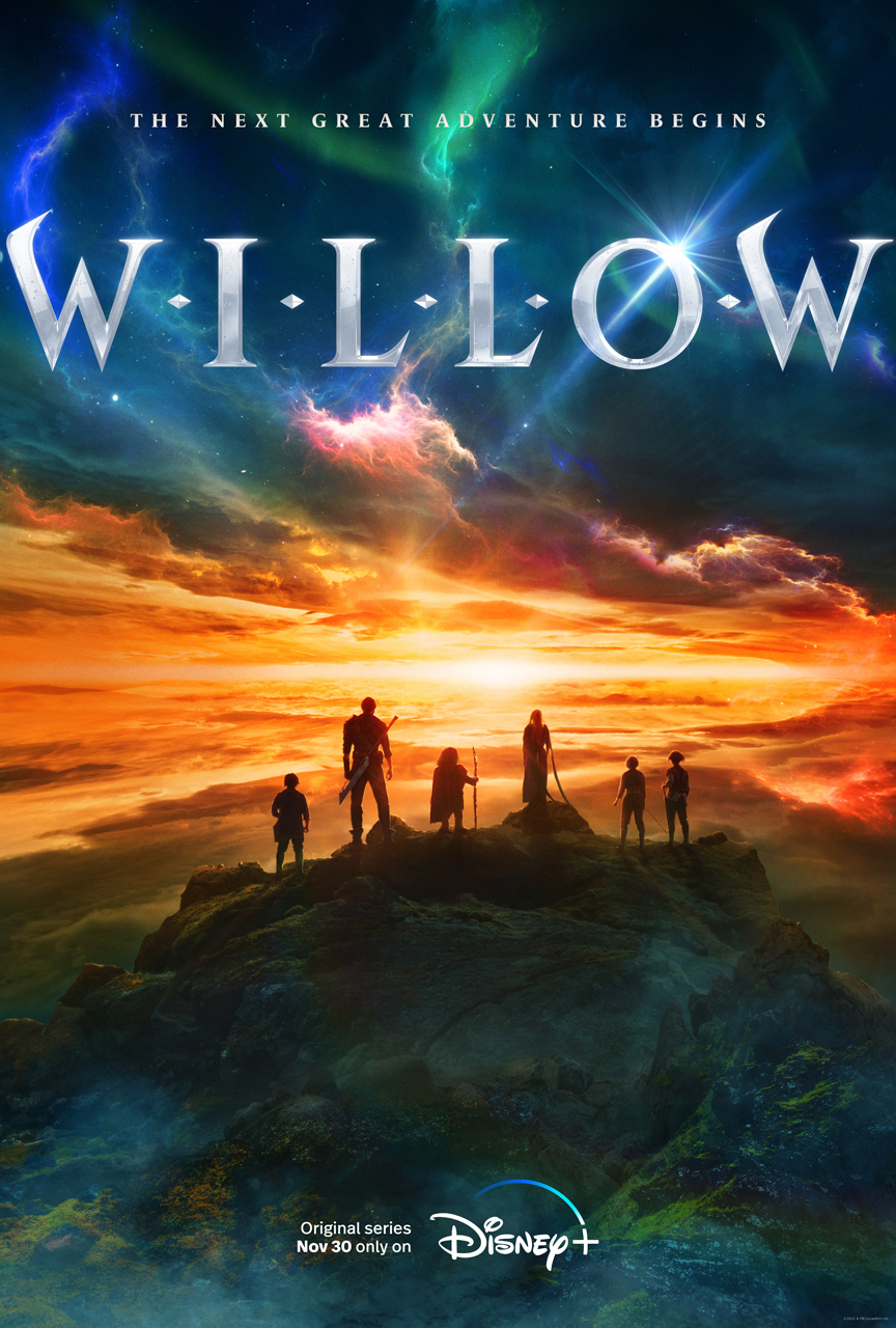 The Willow TV series poster shows the silhouettes of the cast against a sunset