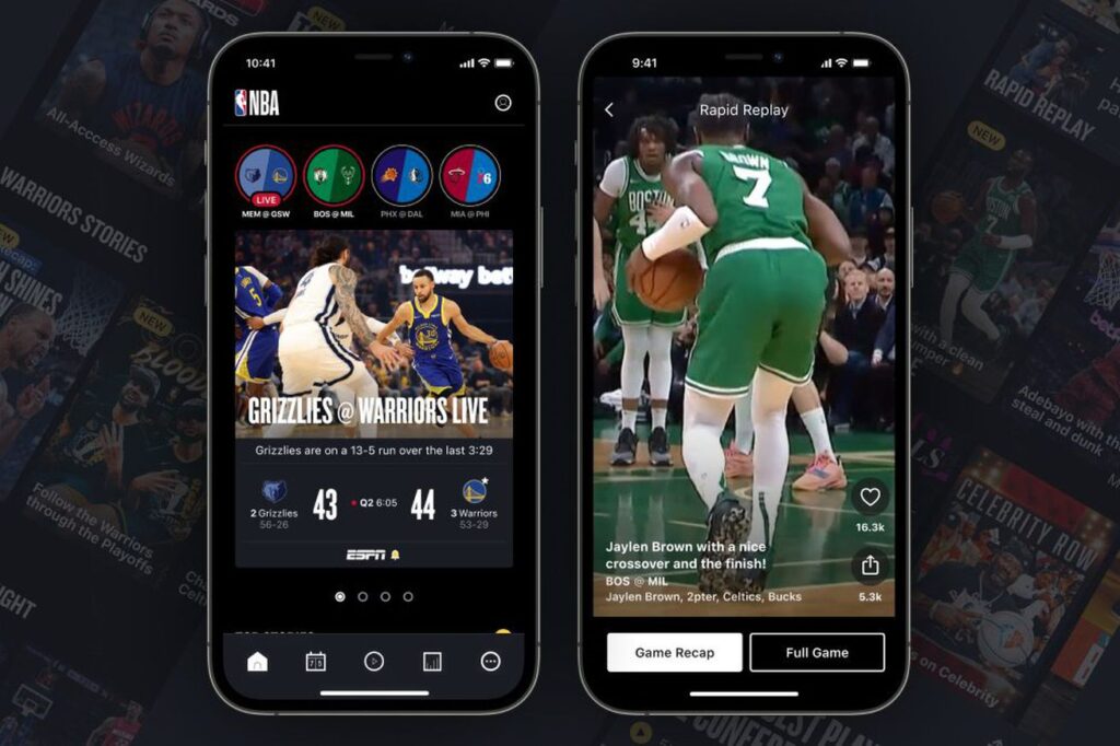 Two phone screens featuring the NBA app