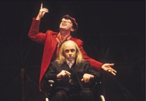 Marcello Magni (Fool) and Kathryn Hunter (Lear) in King Lear at Leicester Haymarket in 1997.