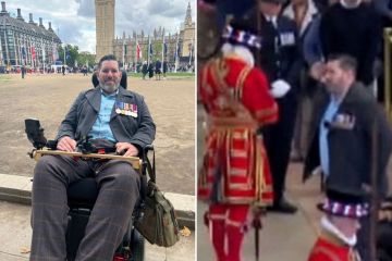 Incredible moment wheelchair-user Army hero struggles to feet to salute Queen