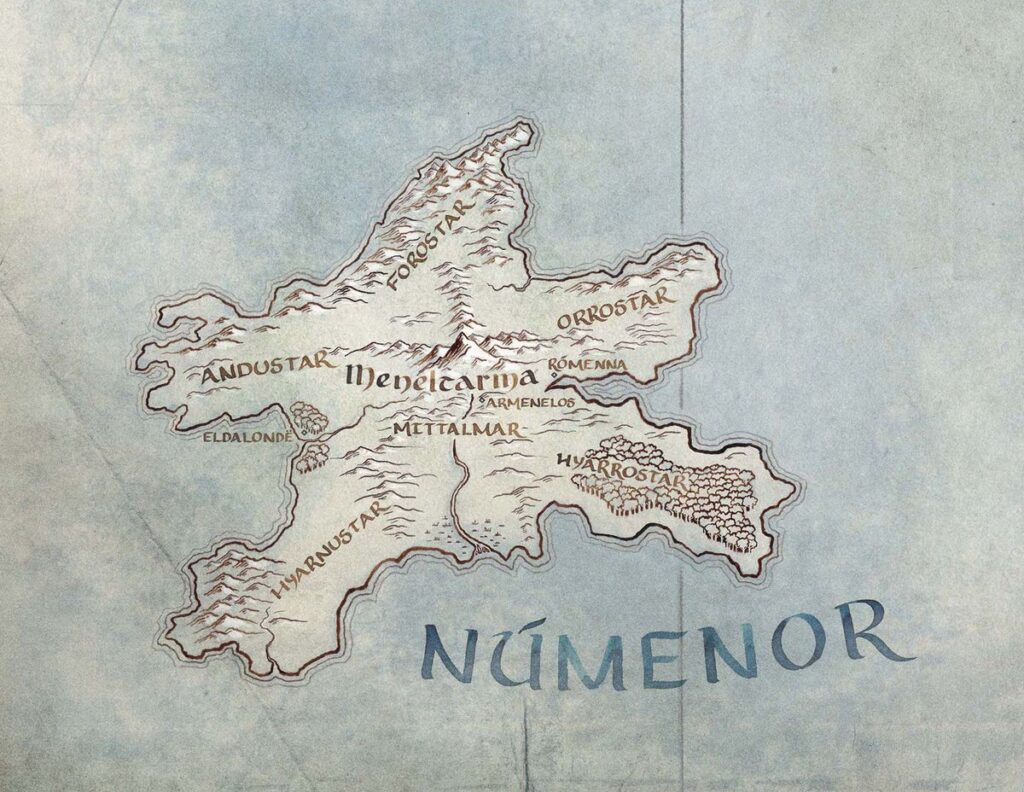 A map of the island of Númenor from The Lord of the Rings: The Rings of Power. It’s a star-shaped, mountainous region with a tall peak at the center.