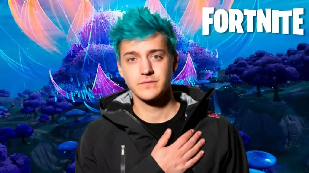 Ninja posing in front of Fortnite's Reality Tree POI