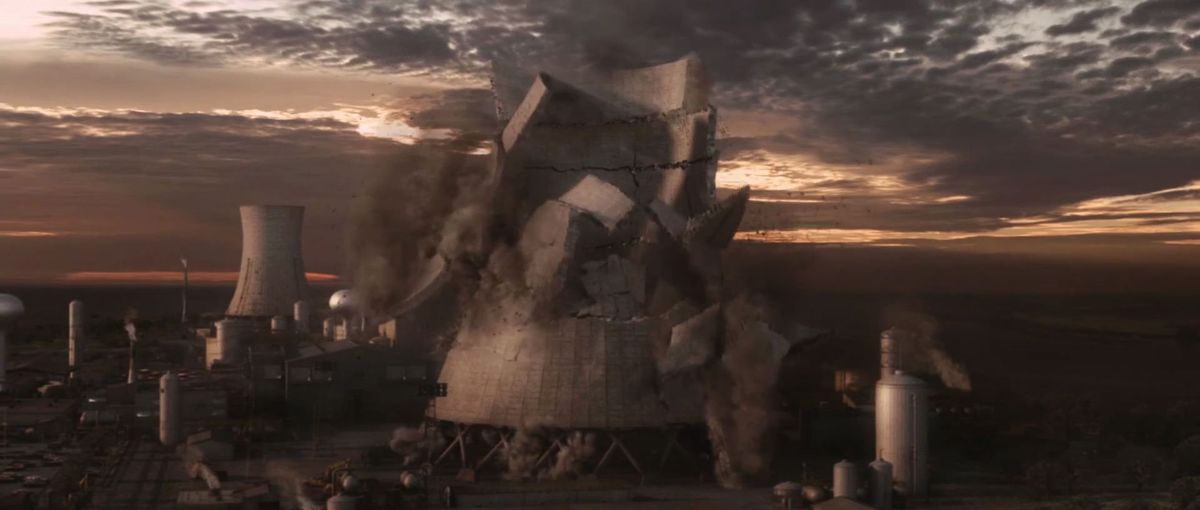 Carved up by Deadpool’s inexplicable post-death laser vision, the nuclear power station smokestack collapses in X-Men Origins: Wolverine.