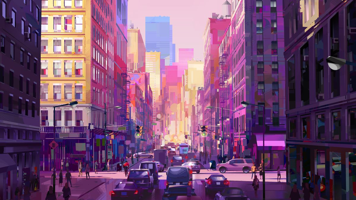 A colorful animated backdrop of a New York City intersection.