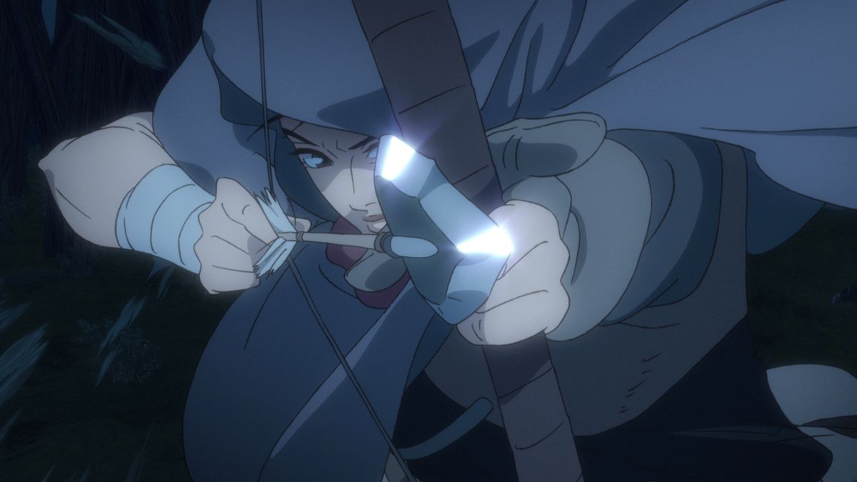 A cloaked woman pulls back an arrow with her bowstring in a battle position