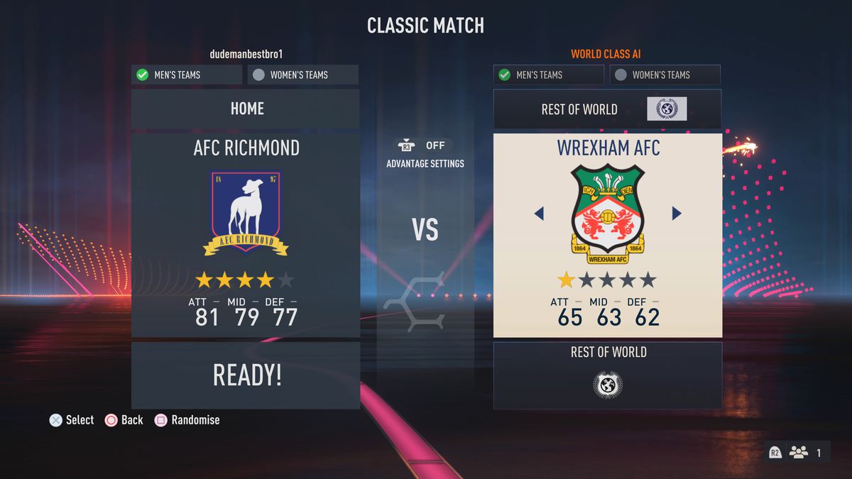 Match selection screen of FIFA 23 showing the ratings for AFC Richmond (81 attacking, 79 midfield, 77 defense, 4 stars) and Wrexham AFC (65 attacking, 63 midfield, 62 defense, 1 star)