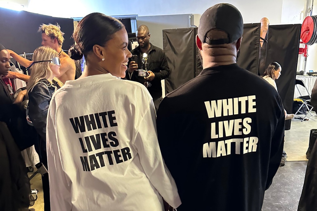 Candace Owens and Kanye West wearing "White Lives Matter" shirts.