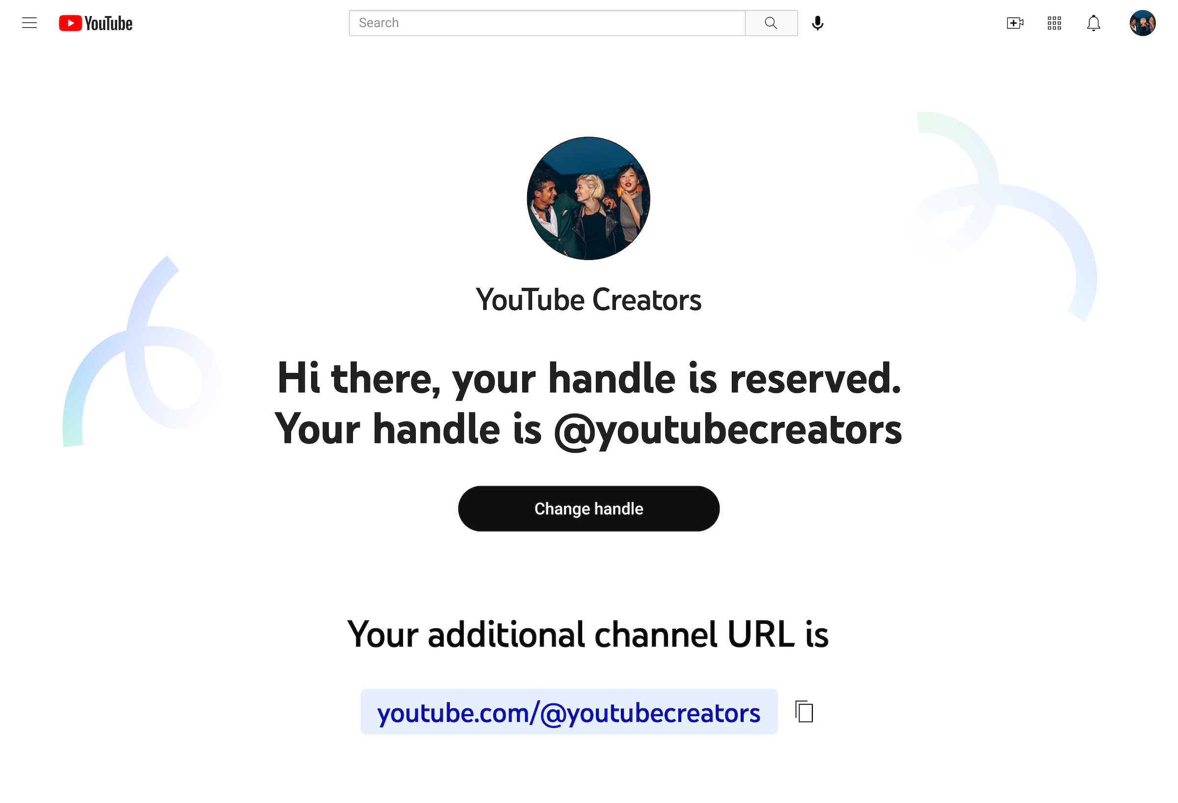 A YouTube page showing confirmation after claiming a handle. Custom URLs will become the default handle in most cases.