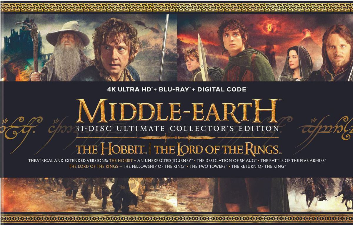 A sprawling graphic of characters from The Hobbit and Lord of the Rings on a box that reads “Middle Earth 11-Disc Ultimate Collector’s Edition”