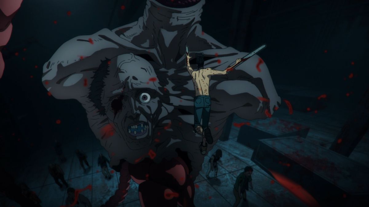 A man with a orange chainsaw head and arms leaps towards a giant floating zombie head surrounded by an armless chest and torso.