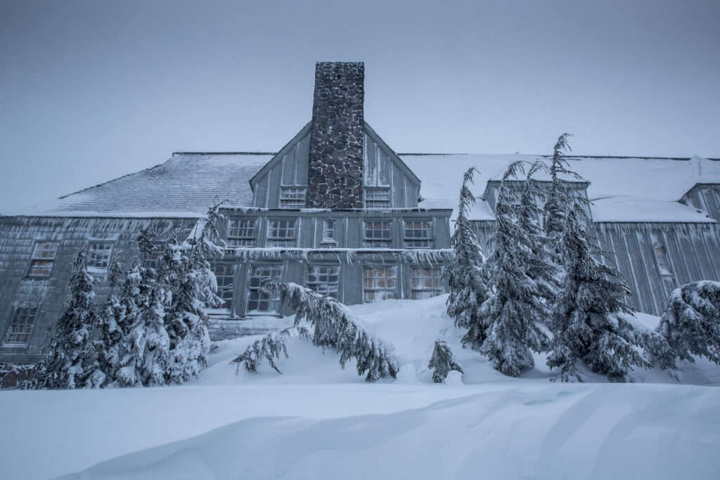 Mt. Hood’s Timberline Lodge and Ski Bowl during an April 2019 blizzard
