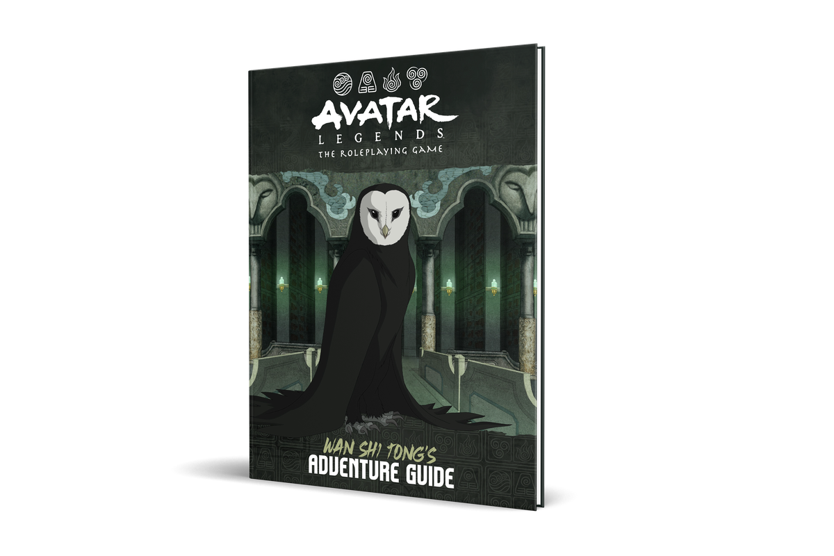 An image showing the Wan Shi Tong Adventure Guide, which is part of Avatar Legends. It is a book with a large owl on the cover.