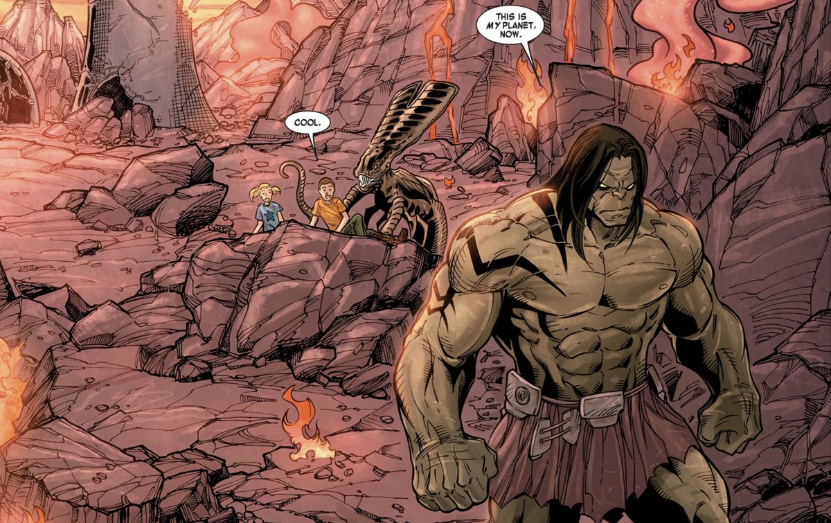 “This is my planet, now,” says Skaar as he walks through a lava-strewn plain. He’s a heavily muscled green figure, like the Hulk, but with alien tattoos, shoulder-length hair, and a Conan the Barbarian-esque skirt. In Skaar: Son of Hulk #10 (2009).