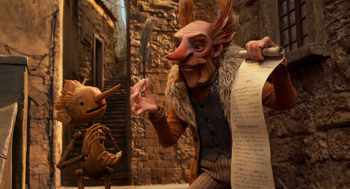 Count Volpe, a sinister ringmaster with ginger wings of hair, holds up a contract with a quill for Pinocchio to sign