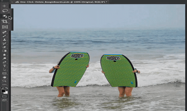 A gif showing a person behind a bodyboard being removed from an image.