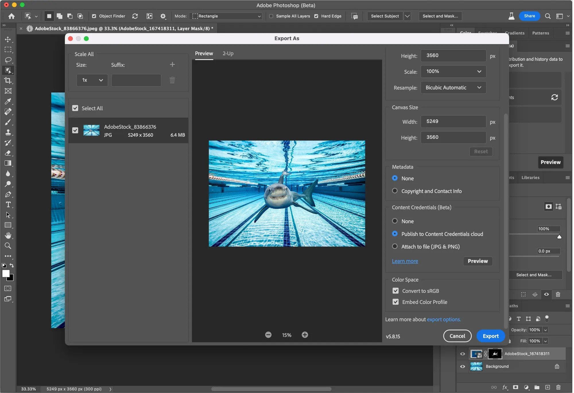 A screengrab of the Content Credentials beta in Photoshop, showing an edited image of a shark in a swiming pool.