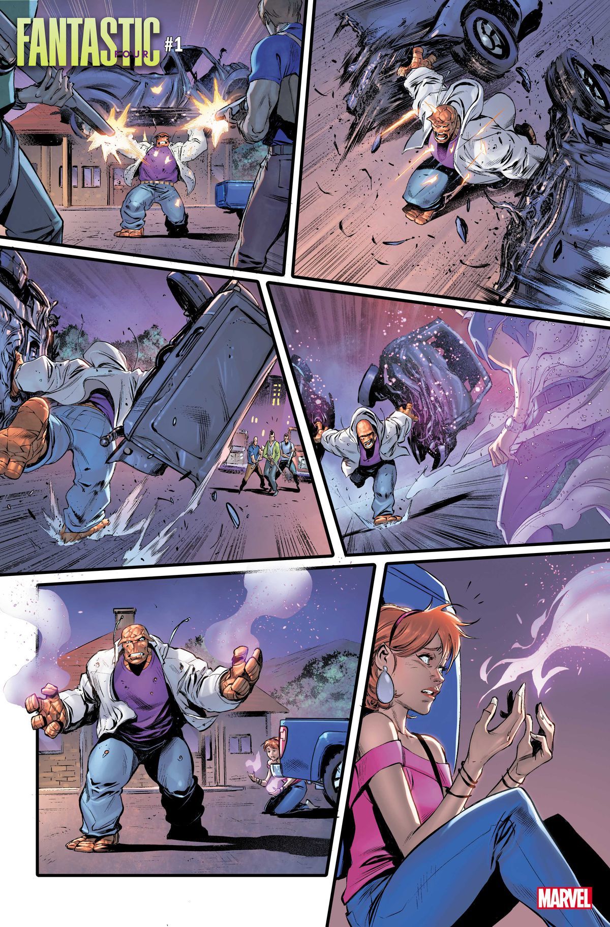 Ben Grimm trashes several old timey trucks, as purple vapor starts to pour off of him and Alicia in Fantastic Four #1 (2022). 