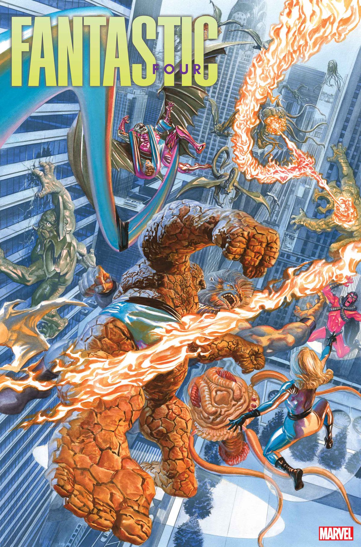 The Fantastic Four battle fantastic creatures on the cover of Fantastic Four #4 (2023).